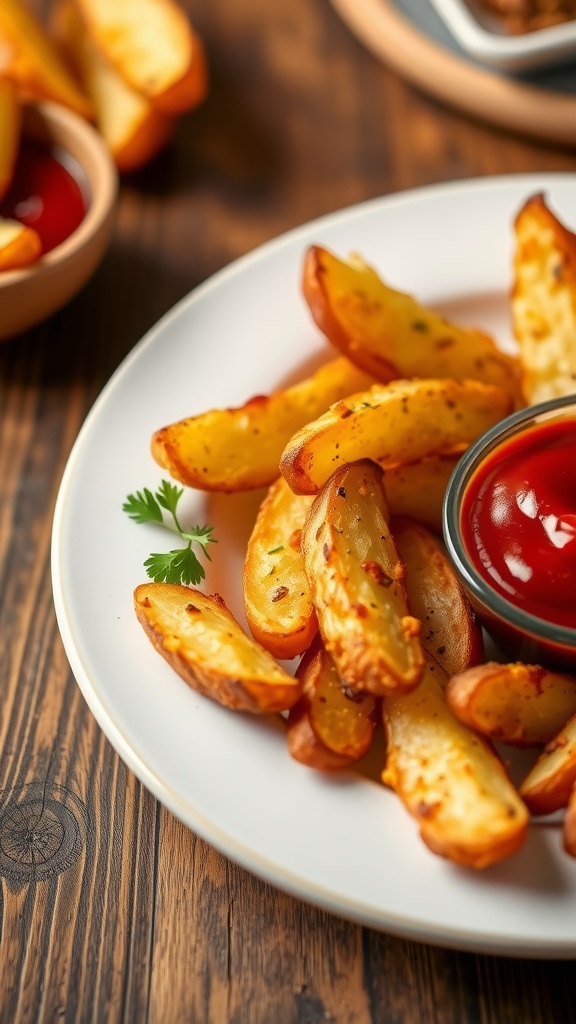 Crispy Homemade Fried Potato Wedges Crispy fried potato wedges on a plate with ketchup and parsley.